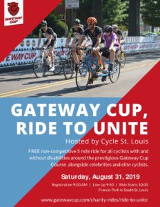 Ride to Unite flyer which has an image of past participants and the vital information about the 2019 ride - date, location, time - August 31, 2019 at Francis Park at 10:00 AM